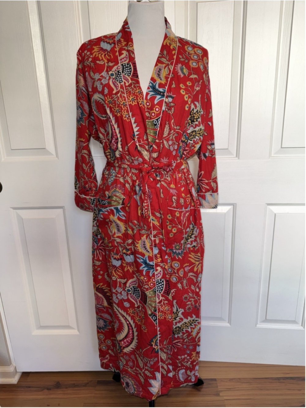 Indian Cotton Robe Red Floral Paisley Block Print Boho Kimono Maximalist Artisan